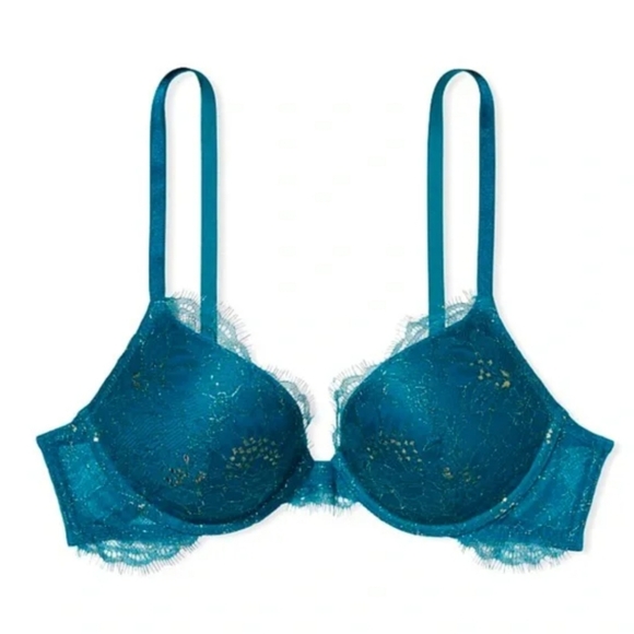 EUC Victoria's Secret Very Sexy Teal Shimmer Eyelash Lace Push Up Bra, Sz 32B - Picture 3 of 12